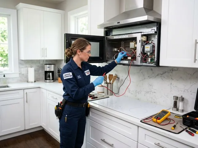 Appliance Repair Hero technician testing an over-the-range microwave in a Addison, TX kitchen